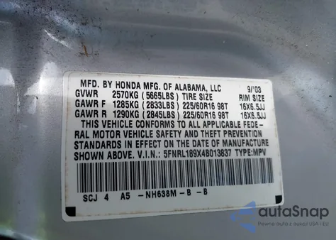 2004 Honda Odyssey Ex-L из США, поврежденный, VIN 5FNRL189X4B013837